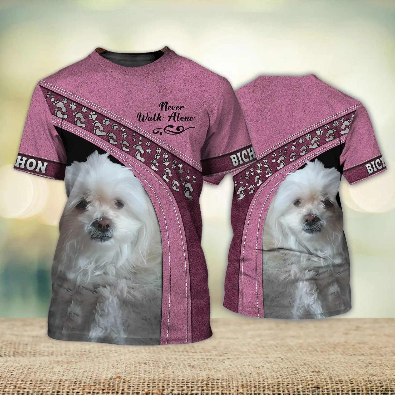 BICHON Love Never Walk Alone Pink 3D Full Print Shirts, Shirt For Dog Lovers, Dog Memorial Gifts for loss of Dog
