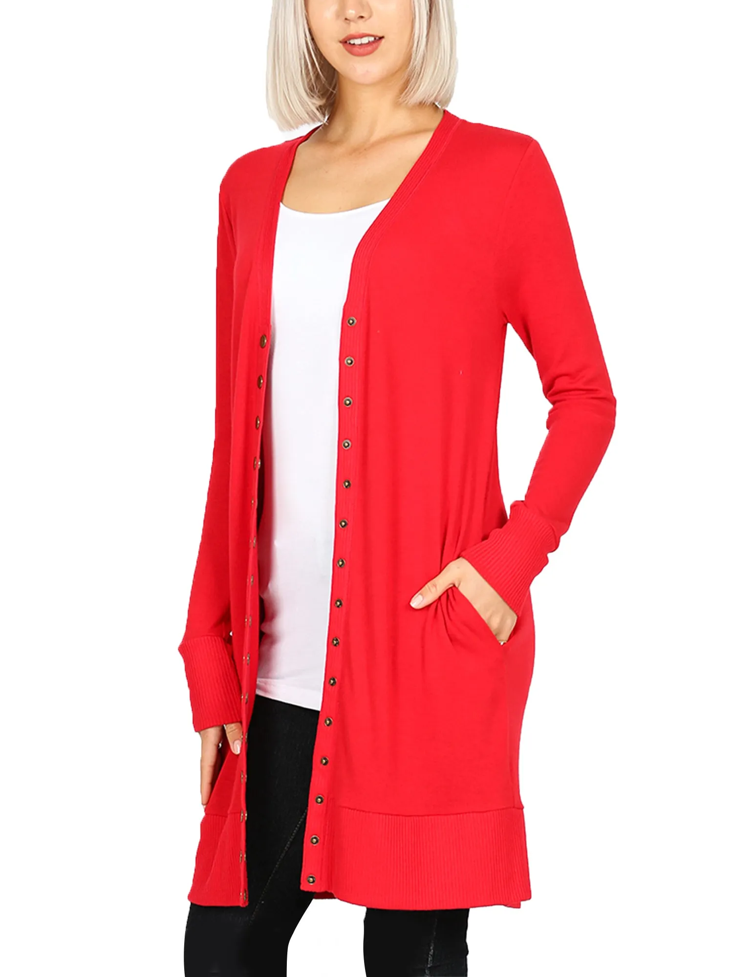 KOGMO Women's Long Knit Cardigan Sweater with Snap Buttons