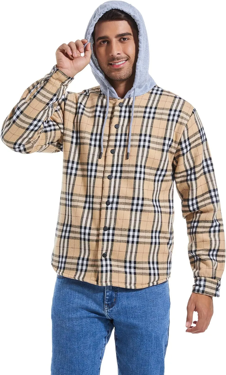 Men's Cotton Plaid Long Sleeve Shirts Jacket Fleece Lined Flannel Shirts Sherpa Button Down Coat with Hood