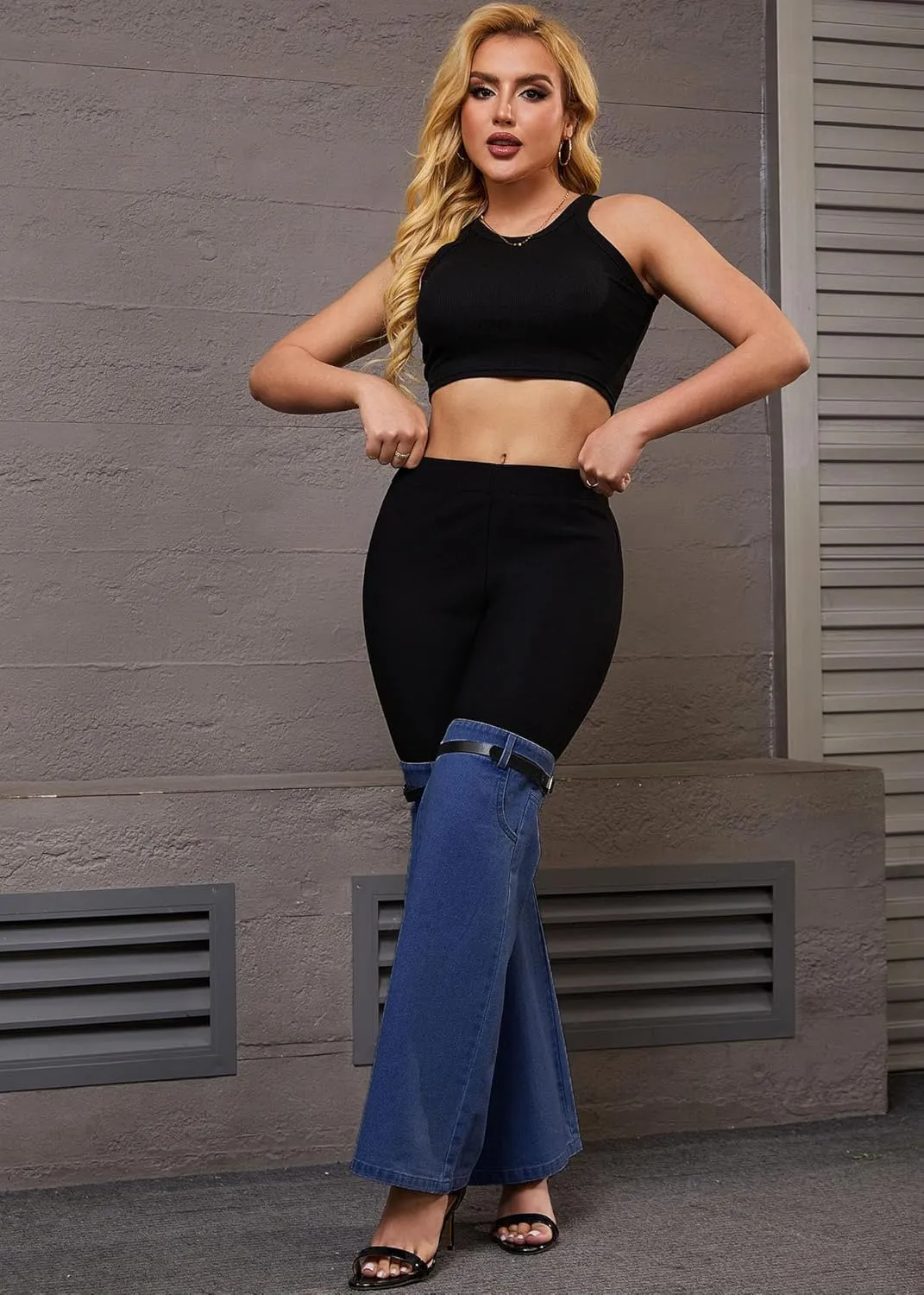 Nihsatin Women's Two Tone Denim Patchwork Flared Pants High Waisted Color Block Bell Bottom Jeans Pants