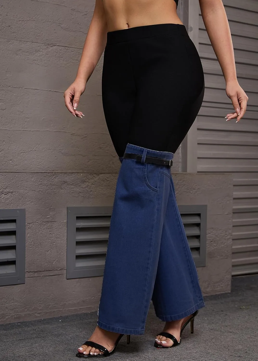 Nihsatin Women's Two Tone Denim Patchwork Flared Pants High Waisted Color Block Bell Bottom Jeans Pants