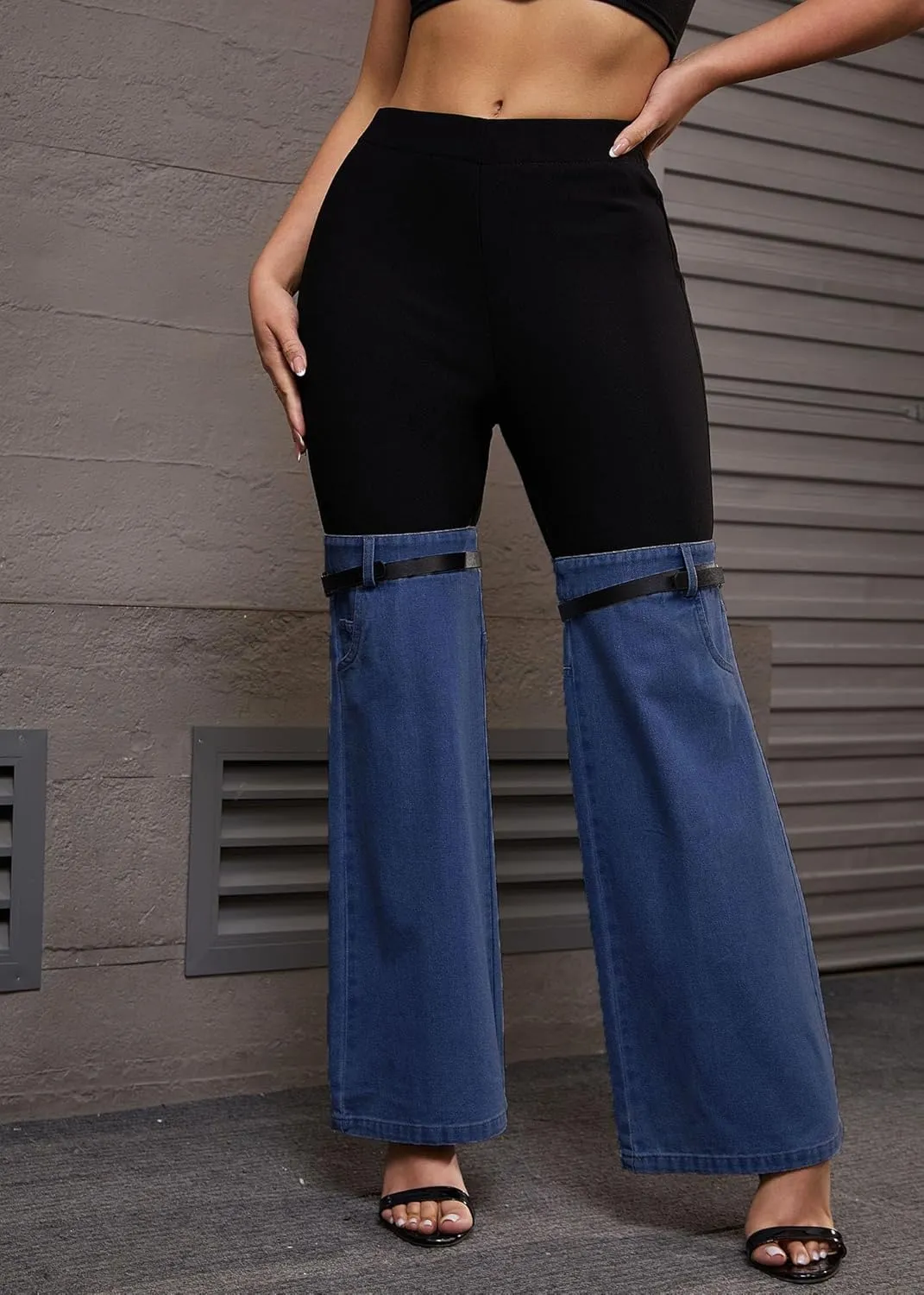 Nihsatin Women's Two Tone Denim Patchwork Flared Pants High Waisted Color Block Bell Bottom Jeans Pants