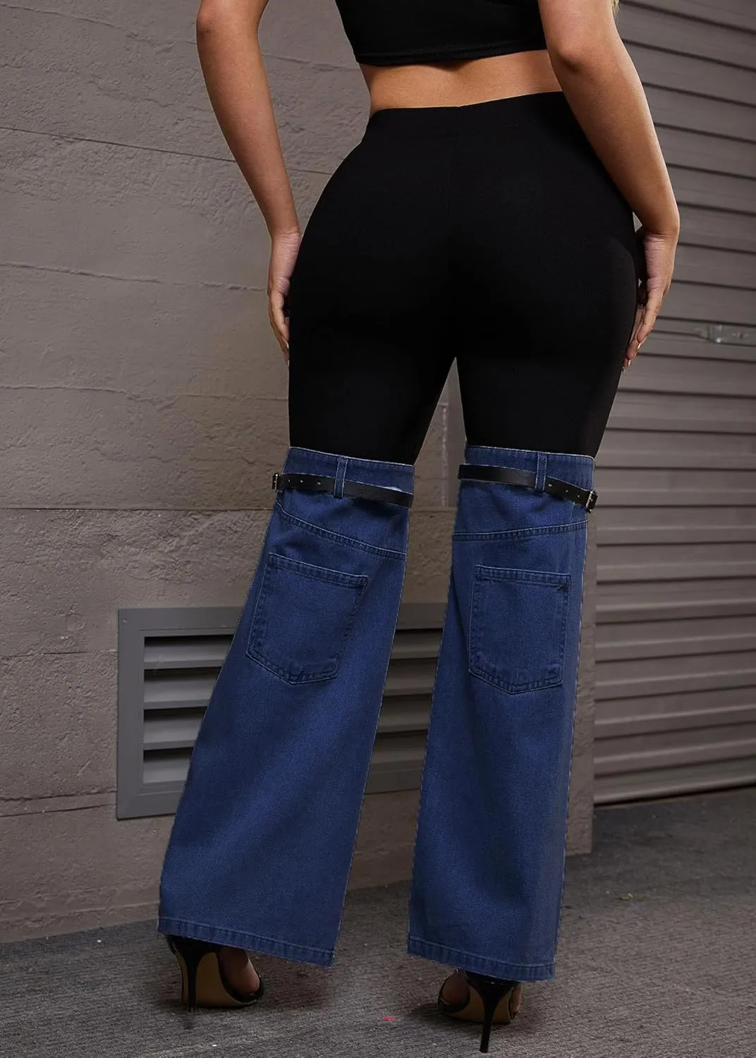 Nihsatin Women's Two Tone Denim Patchwork Flared Pants High Waisted Color Block Bell Bottom Jeans Pants