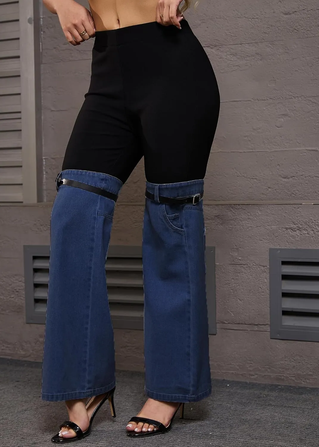 Nihsatin Women's Two Tone Denim Patchwork Flared Pants High Waisted Color Block Bell Bottom Jeans Pants