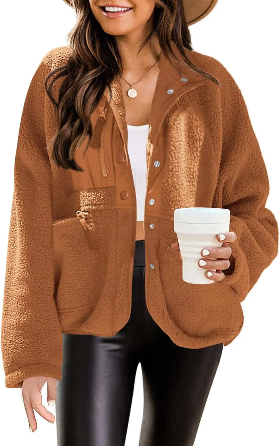 Nirovien Womens Fuzzy Fleece Jacket Button Down Sherpa Coats Casual Winter Warm Outwear with Pockets