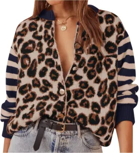 Women Leopard Cardigan Long Sleeve Button Down Sweaters Y2K Open Front Knit Printed Cropped Cardigans Streetwear