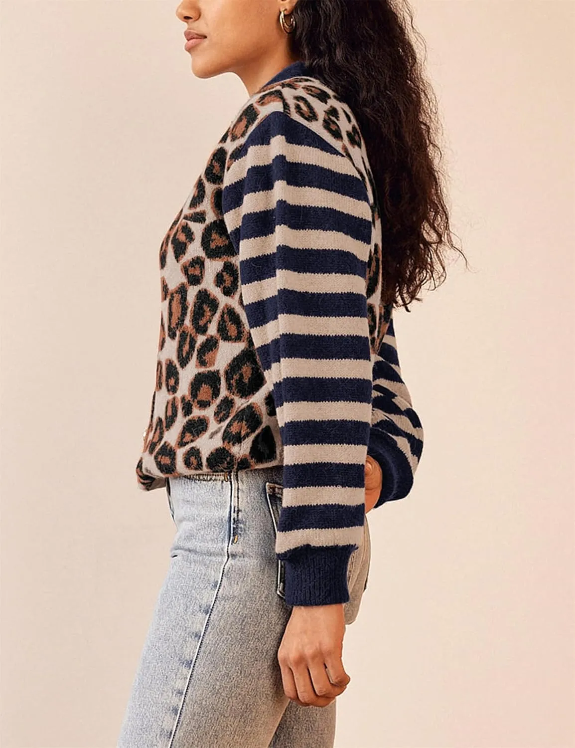 Women Leopard Cardigan Long Sleeve Button Down Sweaters Y2K Open Front Knit Printed Cropped Cardigans Streetwear