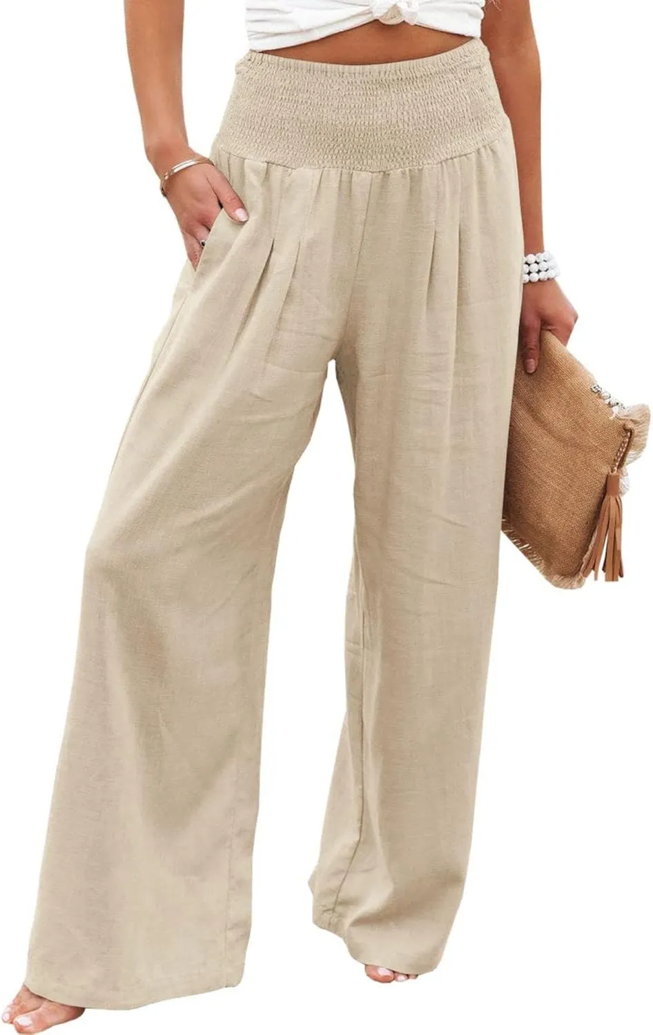 Womens Linen Palazzo Pants Casual Wide Leg High Waist Pant 2025 Summer Flowy Boho Beach Travel Vacation Outfits