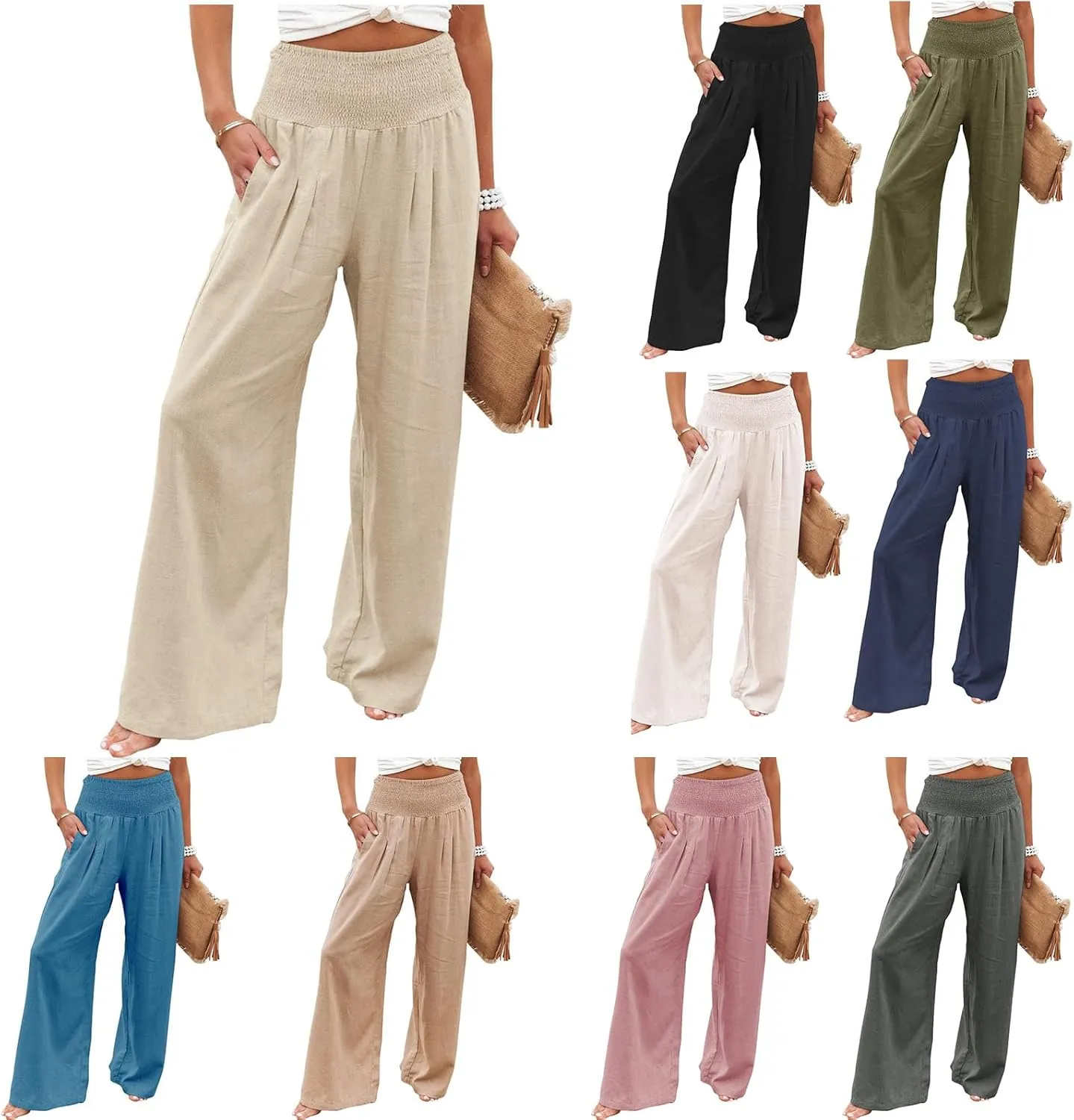 Womens Linen Palazzo Pants Casual Wide Leg High Waist Pant 2025 Summer Flowy Boho Beach Travel Vacation Outfits