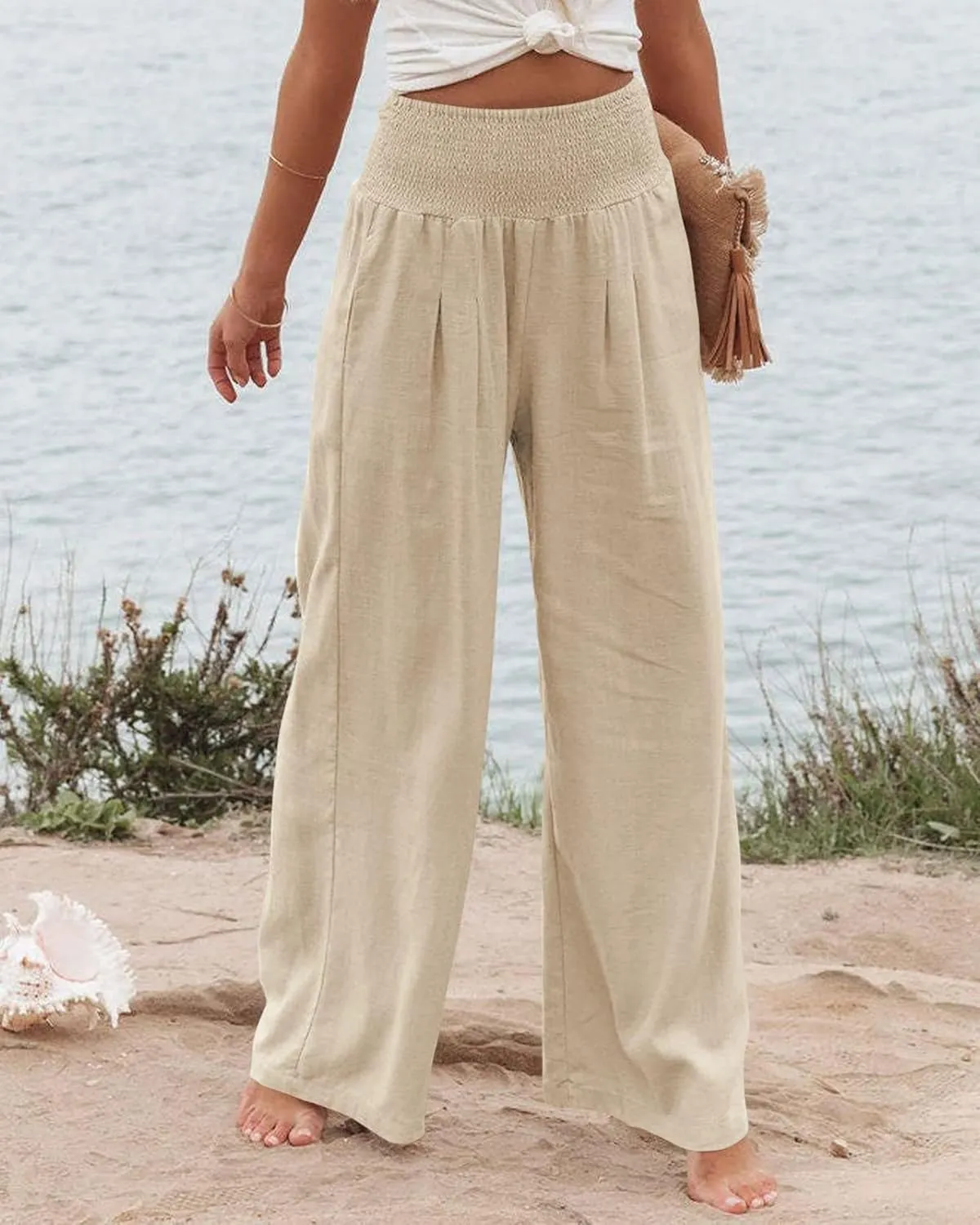 Womens Linen Palazzo Pants Casual Wide Leg High Waist Pant 2025 Summer Flowy Boho Beach Travel Vacation Outfits