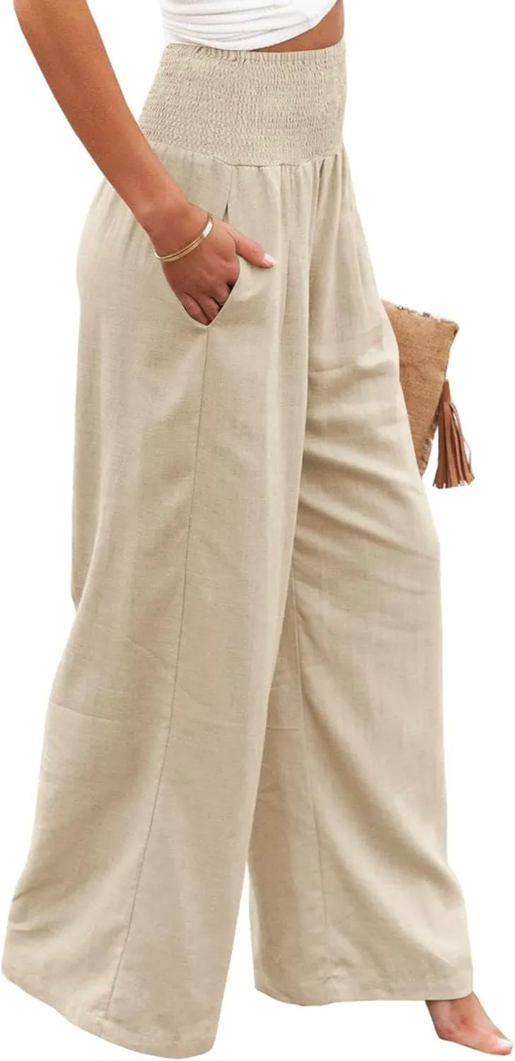 Womens Linen Palazzo Pants Casual Wide Leg High Waist Pant 2025 Summer Flowy Boho Beach Travel Vacation Outfits