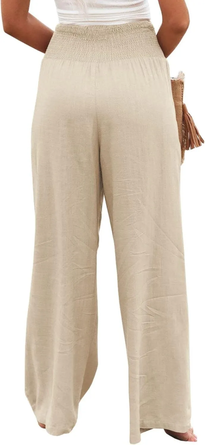 Womens Linen Palazzo Pants Casual Wide Leg High Waist Pant 2025 Summer Flowy Boho Beach Travel Vacation Outfits