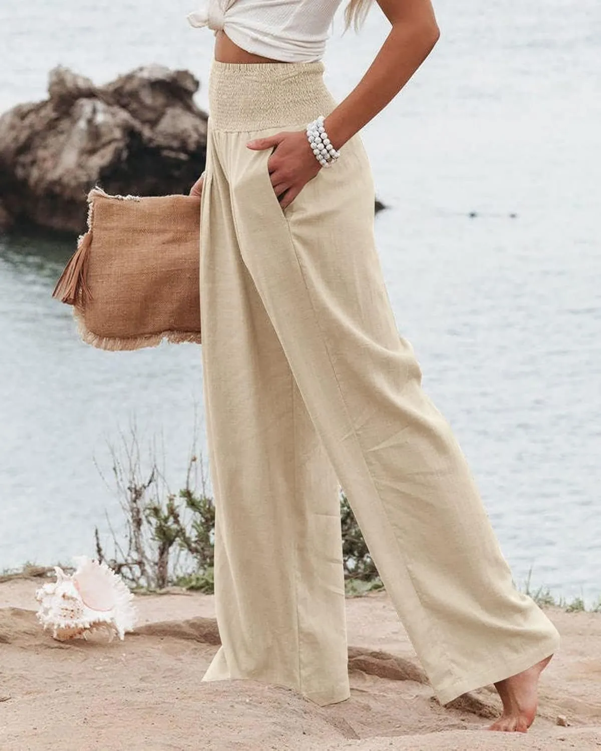 Womens Linen Palazzo Pants Casual Wide Leg High Waist Pant 2025 Summer Flowy Boho Beach Travel Vacation Outfits