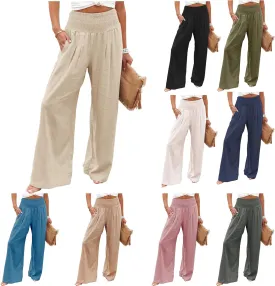 Womens Linen Palazzo Pants Casual Wide Leg High Waist Pant 2025 Summer Flowy Boho Beach Travel Vacation Outfits