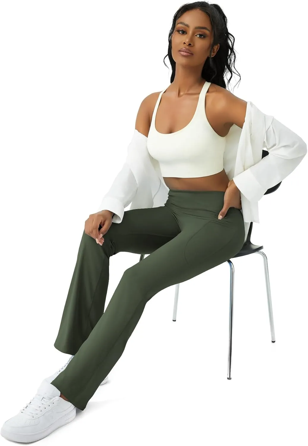 Womens Yoga Pants with Pockets High Waisted Flare Leggings Bell Bottom Yoga Dress Pants Seamless Bootcut Pants